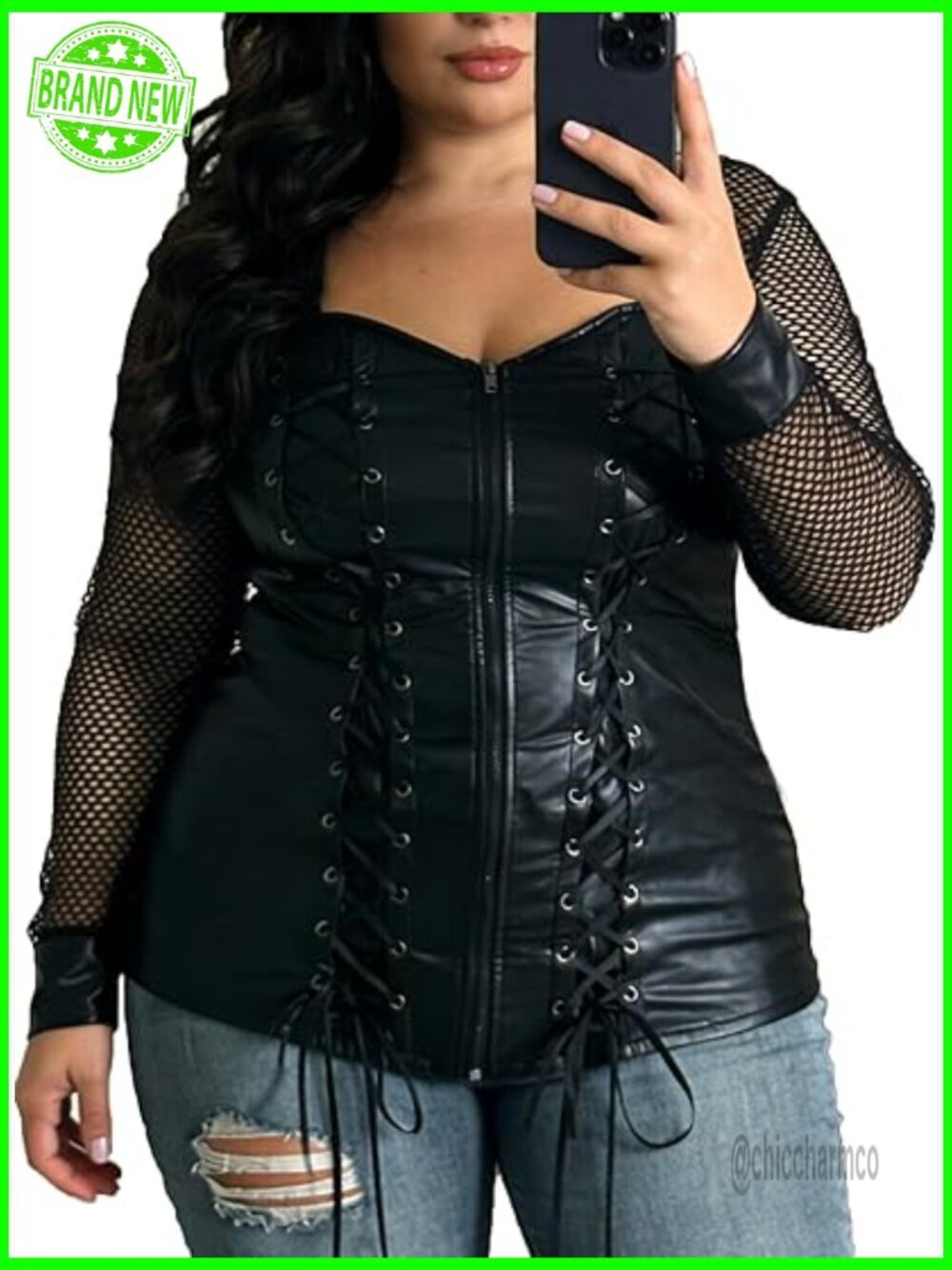 Plus Size Gothic Corset Top Lace Up Front Zipper Mesh Sleeves Crop T-Shirt